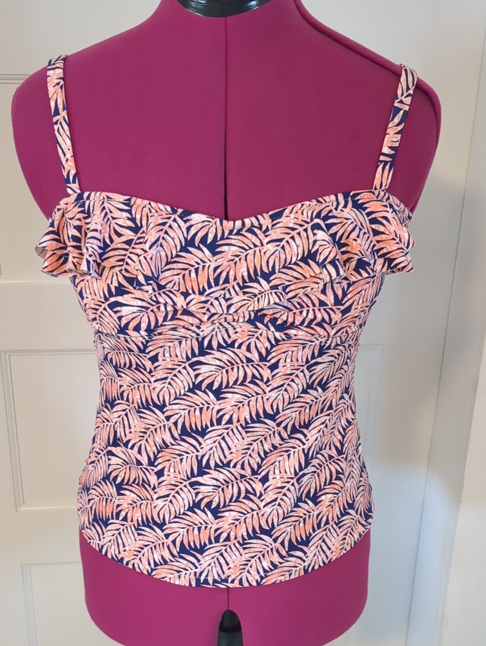Leilani Ruffle Top Adjustable Strap Tropical Leaf Print Tankini Navy/Coral 6